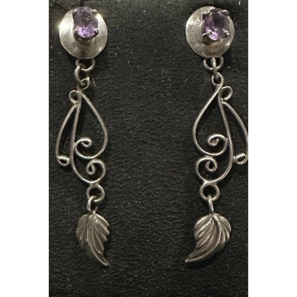 Gorgeous Handcrafted Sterling Silver 925 AMETHYST Pierced Hook 2 1/4” Earrings